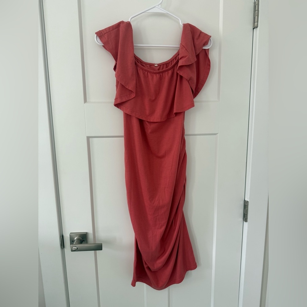 Off-Shoulder Coral Midi Maternity Dress